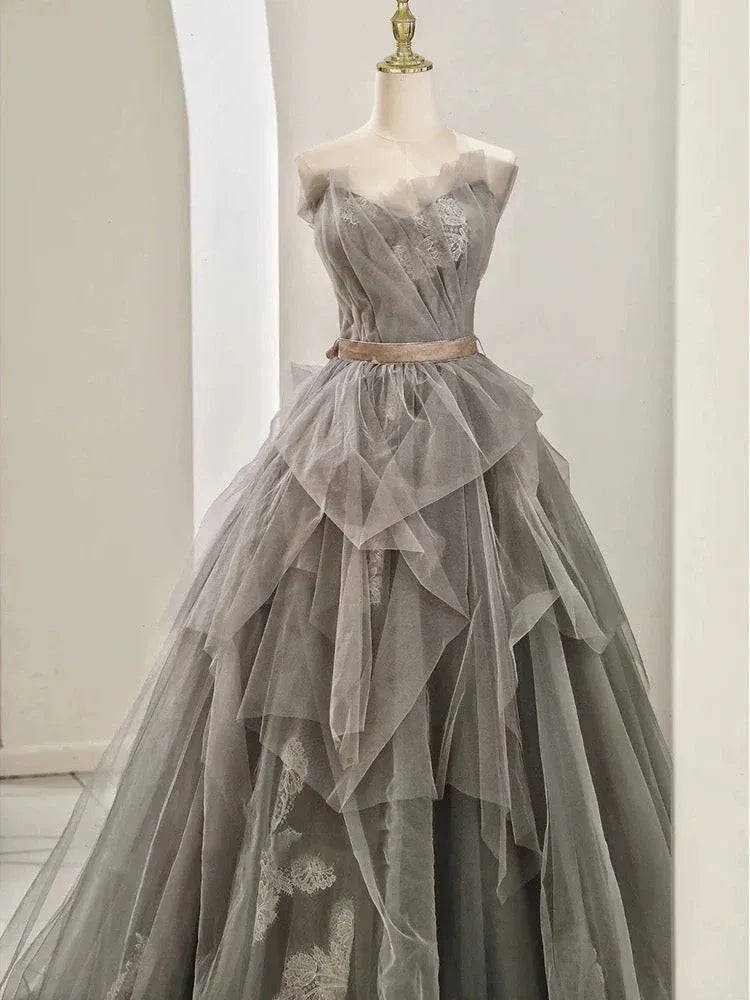 Gothic Romance Ballgown Strapless Ruffled Tulle Gray Maxi Prom Dress for Women ready to ship