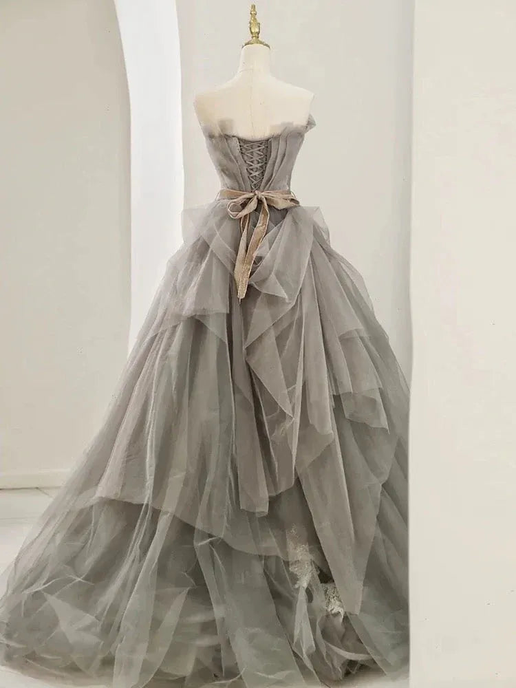 Gothic Romance Ballgown Strapless Ruffled Tulle Gray Maxi Prom Dress for Women ready to ship