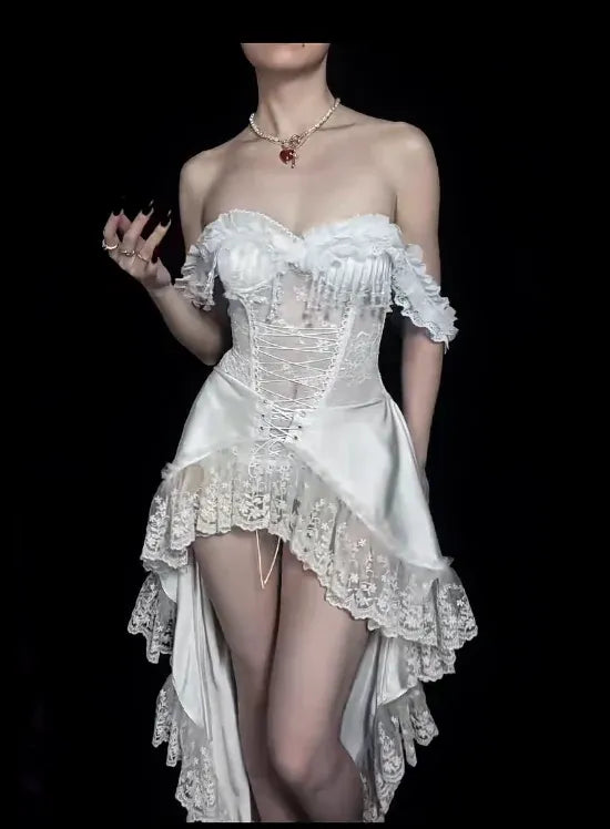 Gothic Satin-Lace High-Low Evening Dress White Strapless Ruffle for Women