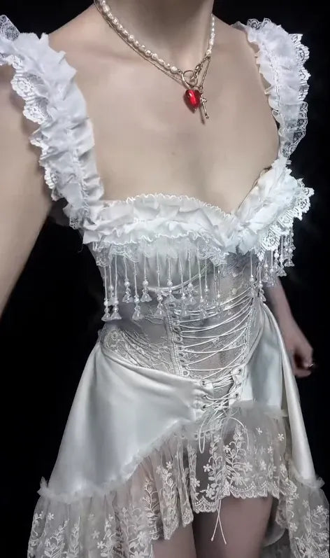 Gothic Satin-Lace High-Low Evening Dress White Strapless Ruffle for Women