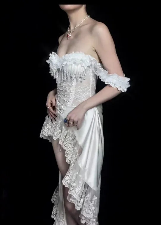 Gothic Satin-Lace High-Low Evening Dress White Strapless Ruffle for Women