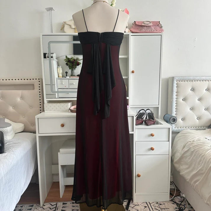 Gothic Spaghetti Straps Chiffon Black Crimson Long Party Dress For Women