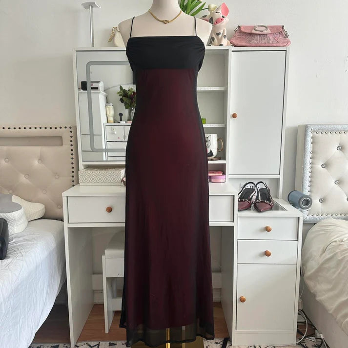 Gothic Spaghetti Straps Chiffon Black Crimson Long Party Dress For Women