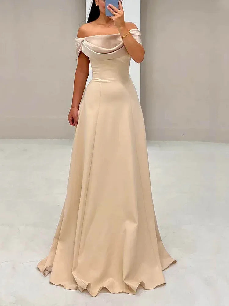 Graceful A-Line Off-Shoulder Sleeveless Satin Pleated Floor-Length Prom Dress