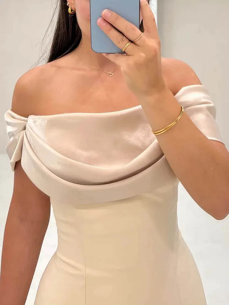 Graceful A-Line Off-Shoulder Sleeveless Satin Pleated Floor-Length Prom Dress