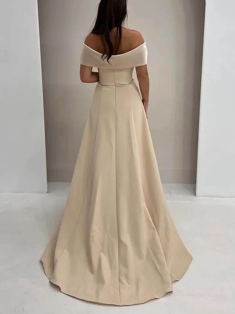 Graceful A-Line Off-Shoulder Sleeveless Satin Pleated Floor-Length Prom Dress