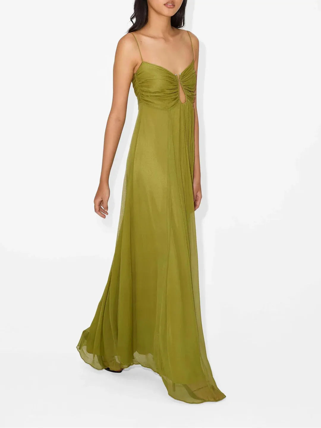 Graceful A-Line Spaghetti-Strap Keyhole Olive Green Floor-Length Prom Dress Hot Sale