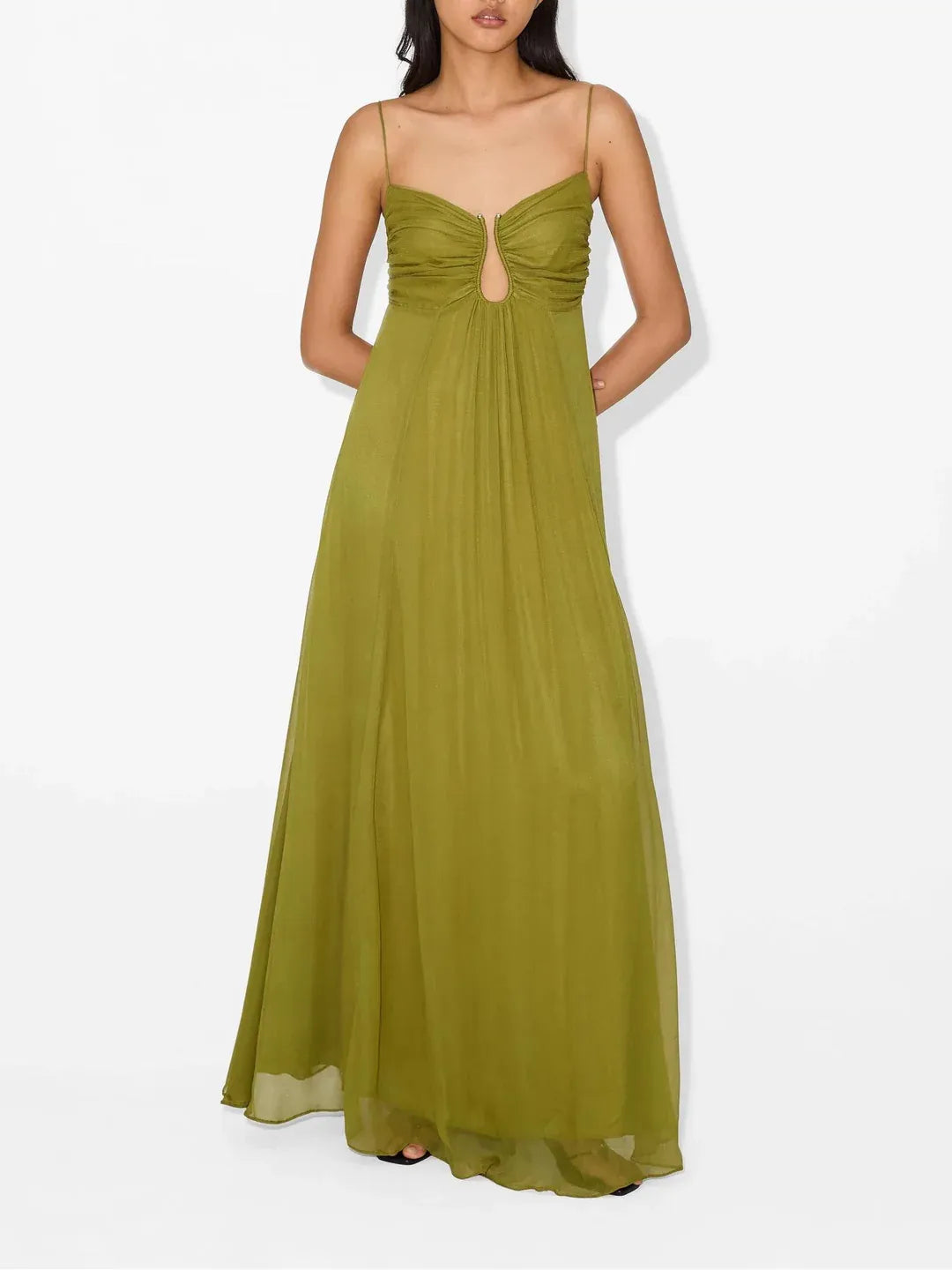 Graceful A-Line Spaghetti-Strap Keyhole Olive Green Floor-Length Prom Dress Hot Sale