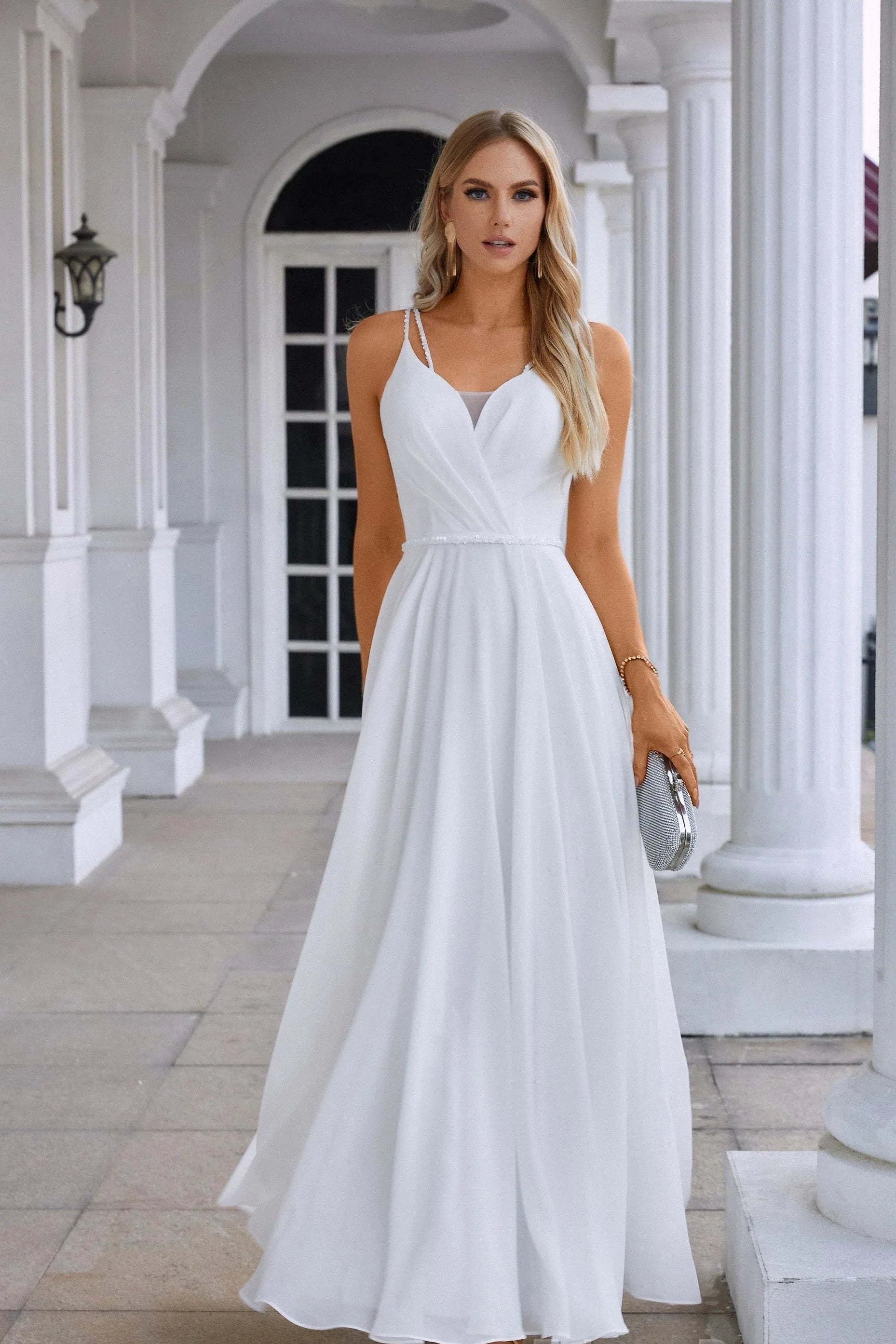 Graceful A-Line V-Neck Sleeveless Beaded White Long Prom Dress for Women Ready to Ship