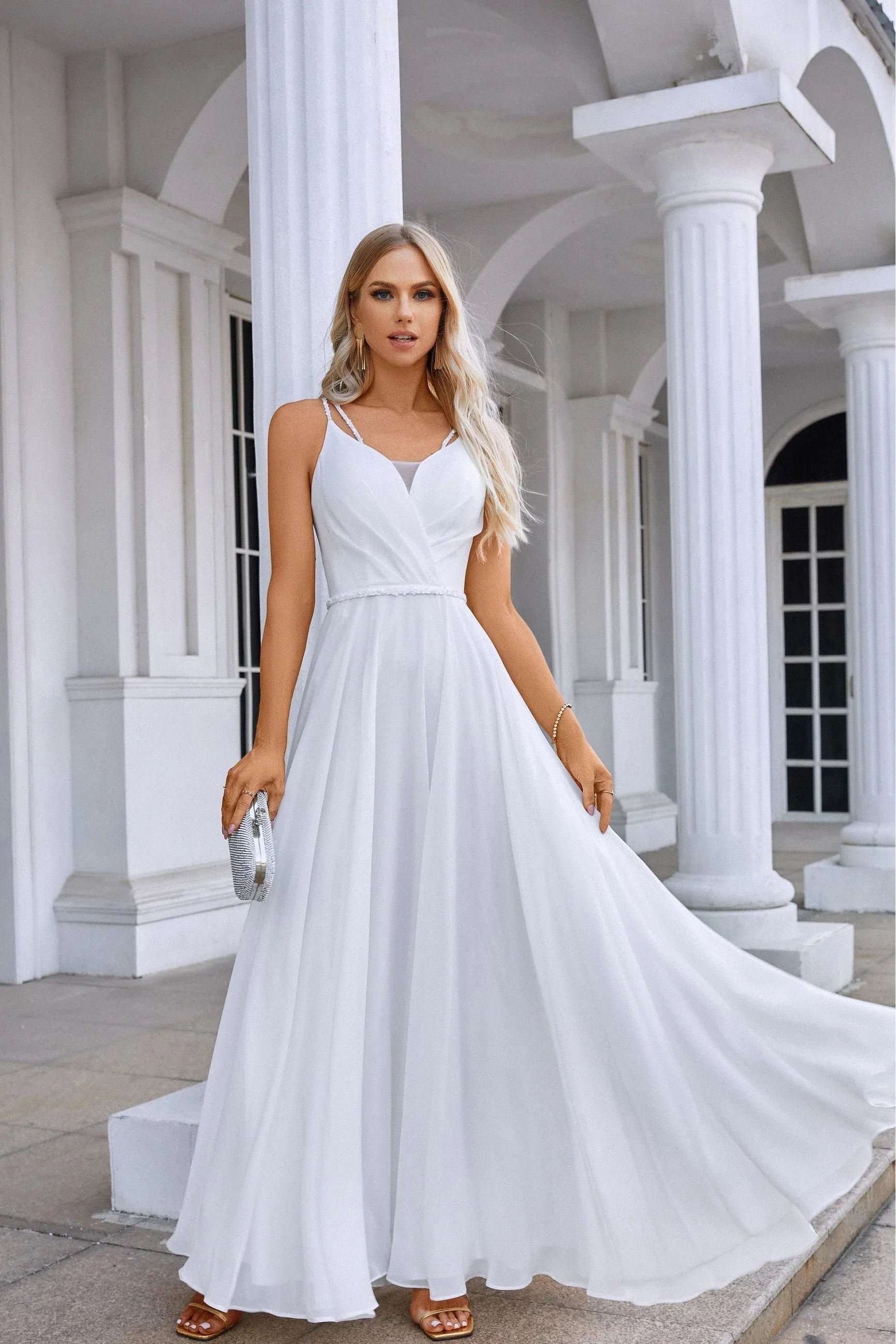 Graceful A-Line V-Neck Sleeveless Beaded White Long Prom Dress for Women Ready to Ship