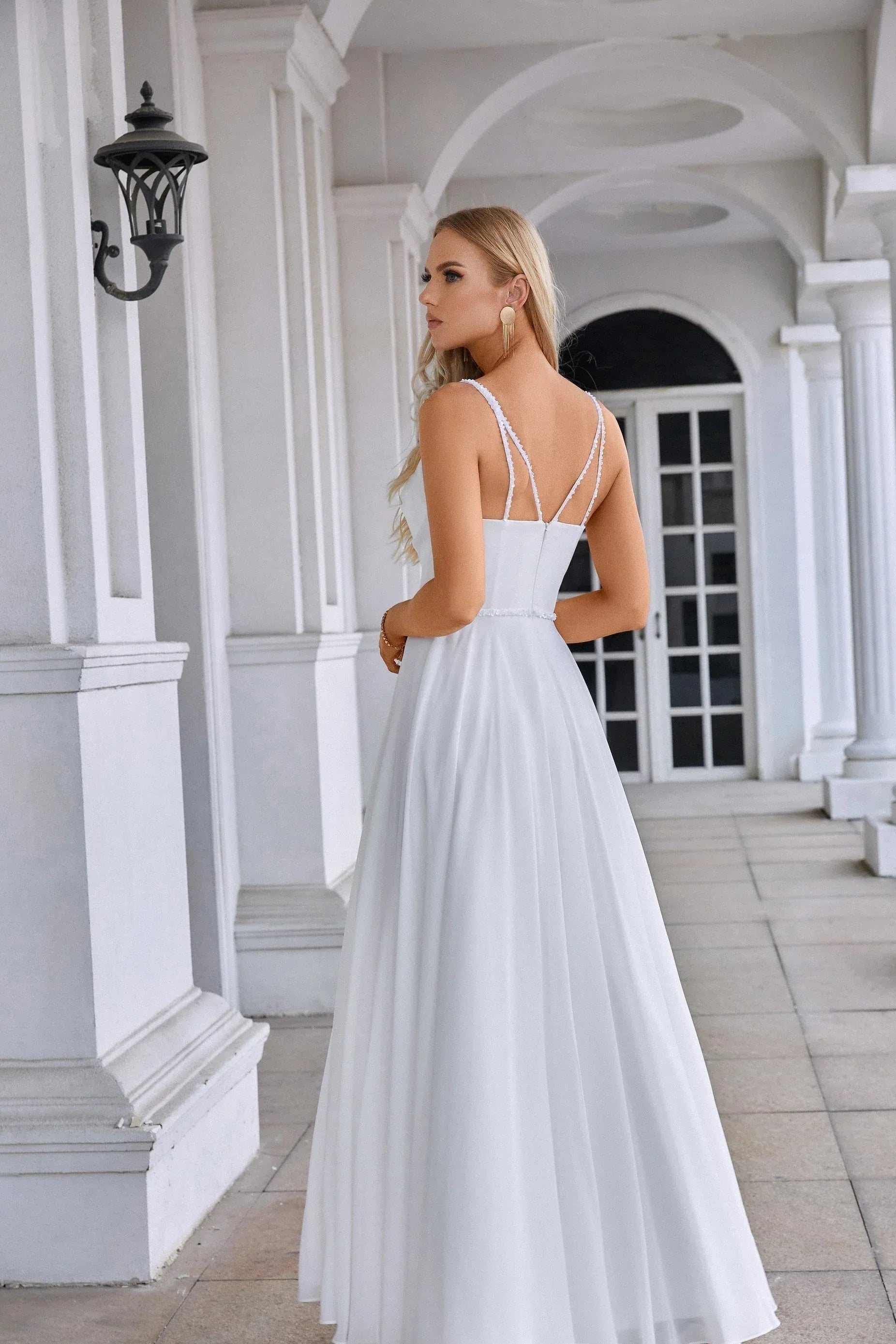 Graceful A-Line V-Neck Sleeveless Beaded White Long Prom Dress for Women Ready to Ship