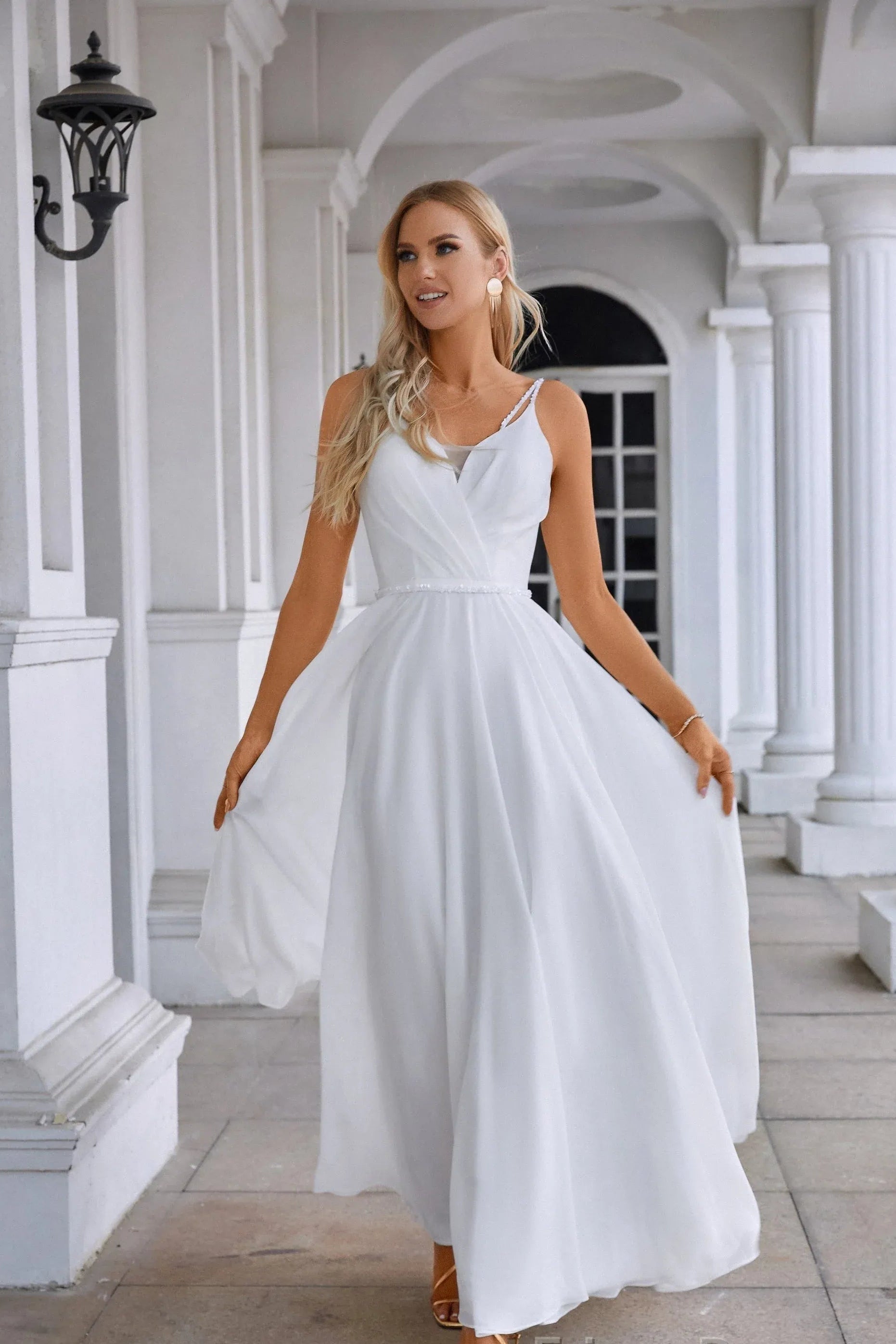 Graceful A-Line V-Neck Sleeveless Beaded White Long Prom Dress for Women Ready to Ship