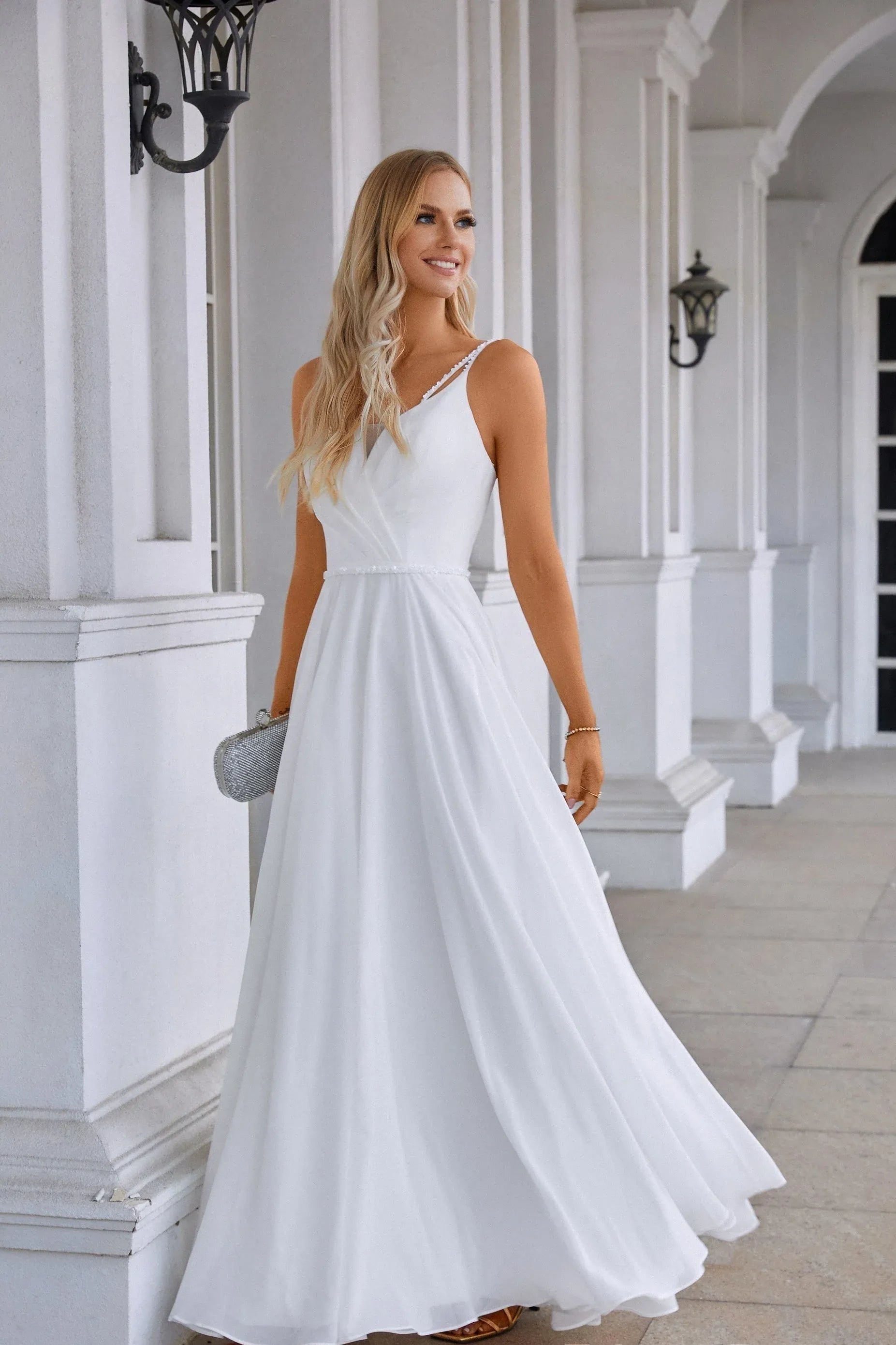 Graceful A-Line V-Neck Sleeveless Beaded White Long Prom Dress for Women Ready to Ship