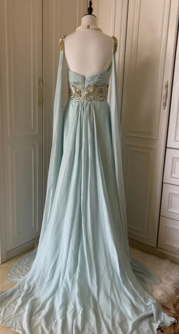 Greek A-line V Neck Beaded Chiffon Light Blue Floor Length Party Dress