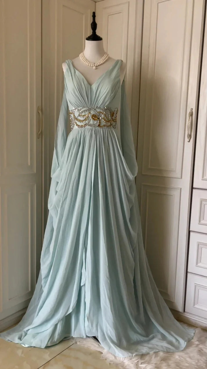 Greek A-line V Neck Beaded Chiffon Light Blue Floor Length Party Dress