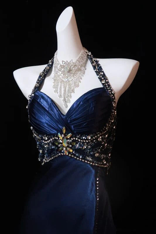 Halter Pleated Beaded Navy Blue Long Prom Dress Evening Dress With Slit
