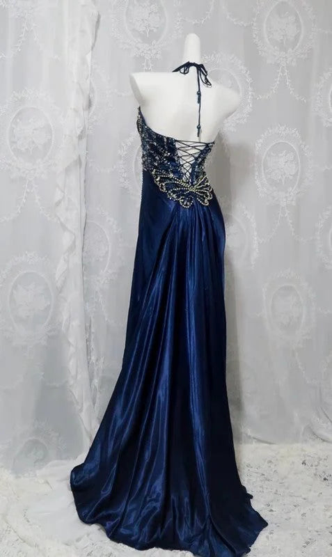 Halter Pleated Beaded Navy Blue Long Prom Dress Evening Dress With Slit