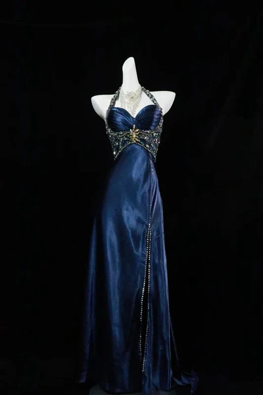 Halter Pleated Beaded Navy Blue Long Prom Dress Evening Dress With Slit