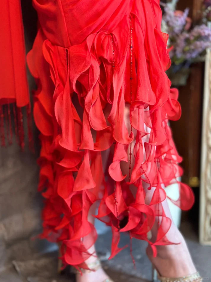 Halter Pleated Ruffle Beaded Chiffon Red Long Prom Dress Party Dress