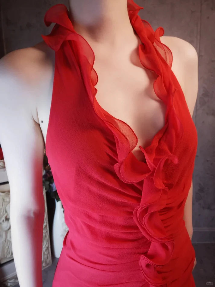 Halter Pleated Ruffle Beaded Chiffon Red Long Prom Dress Party Dress