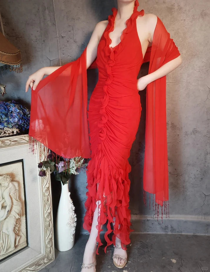Halter Pleated Ruffle Beaded Chiffon Red Long Prom Dress Party Dress