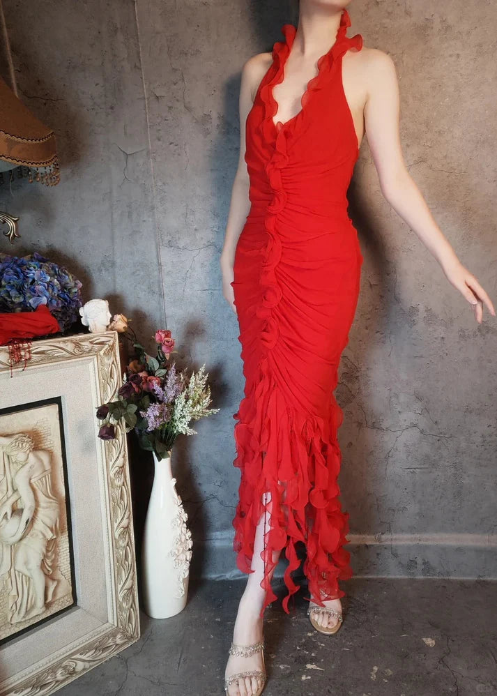 Halter Pleated Ruffle Beaded Chiffon Red Long Prom Dress Party Dress