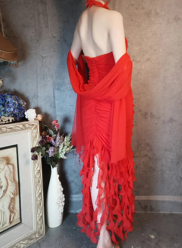 Halter Pleated Ruffle Beaded Chiffon Red Long Prom Dress Party Dress