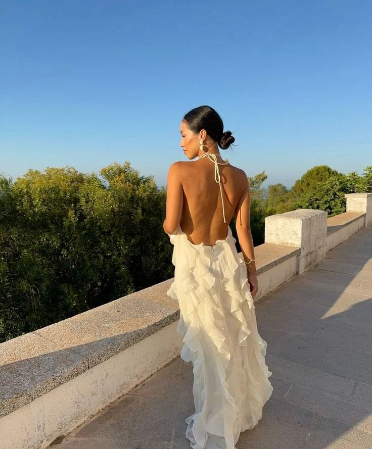 Halter Ruffle Backless White Long Prom Dress Evening Dress Hot Sale