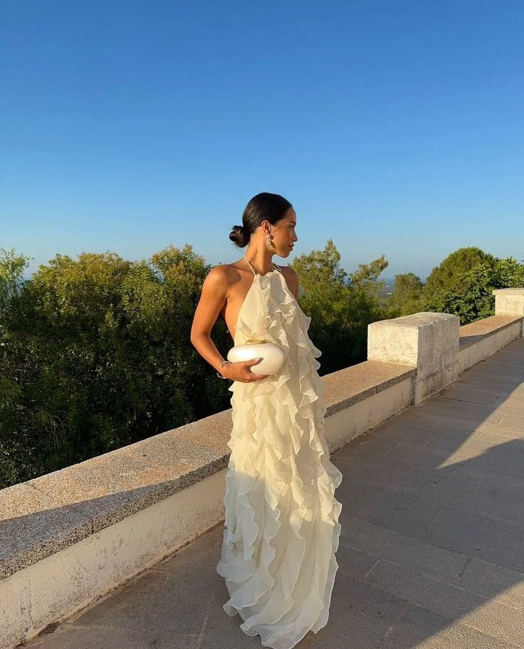 Halter Ruffle Backless White Long Prom Dress Evening Dress Hot Sale