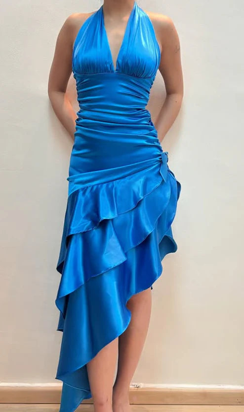 Halter Ruffle Satin Blue Homecoming Dress Party Dress With Asymmetrical Hem