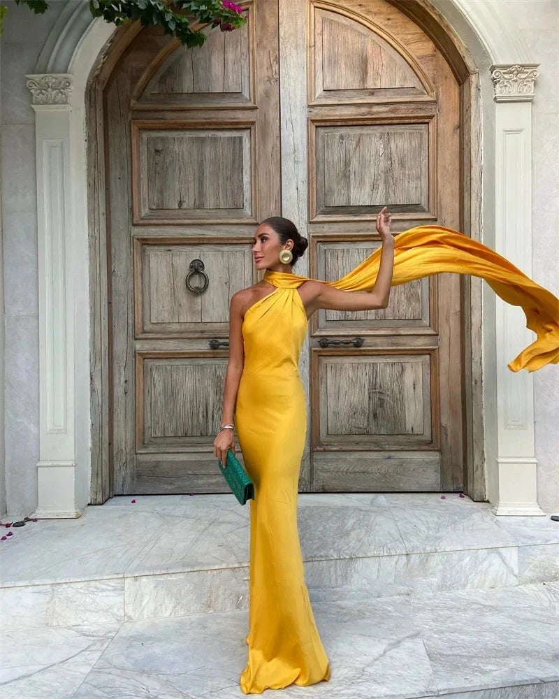 Halter Satin Yellow Long Evening Dress Prom Dress With Streamer For Women