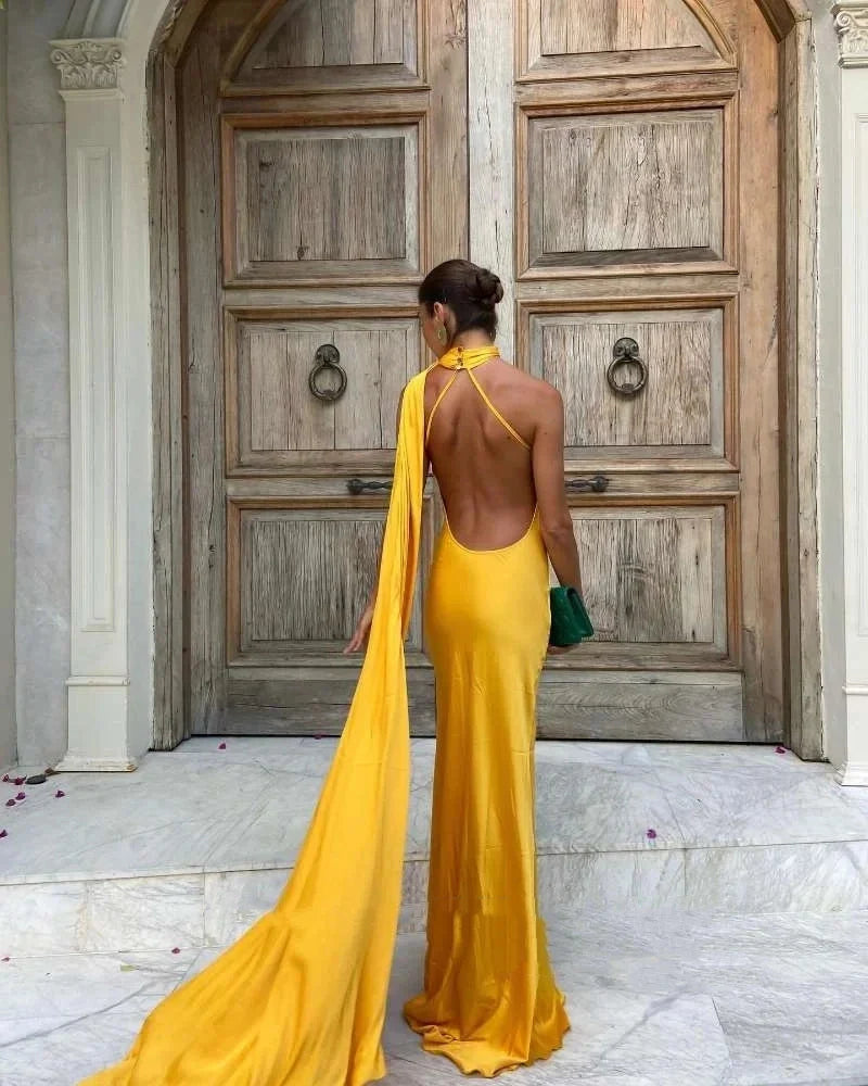 Halter Satin Yellow Long Evening Dress Prom Dress With Streamer For Women