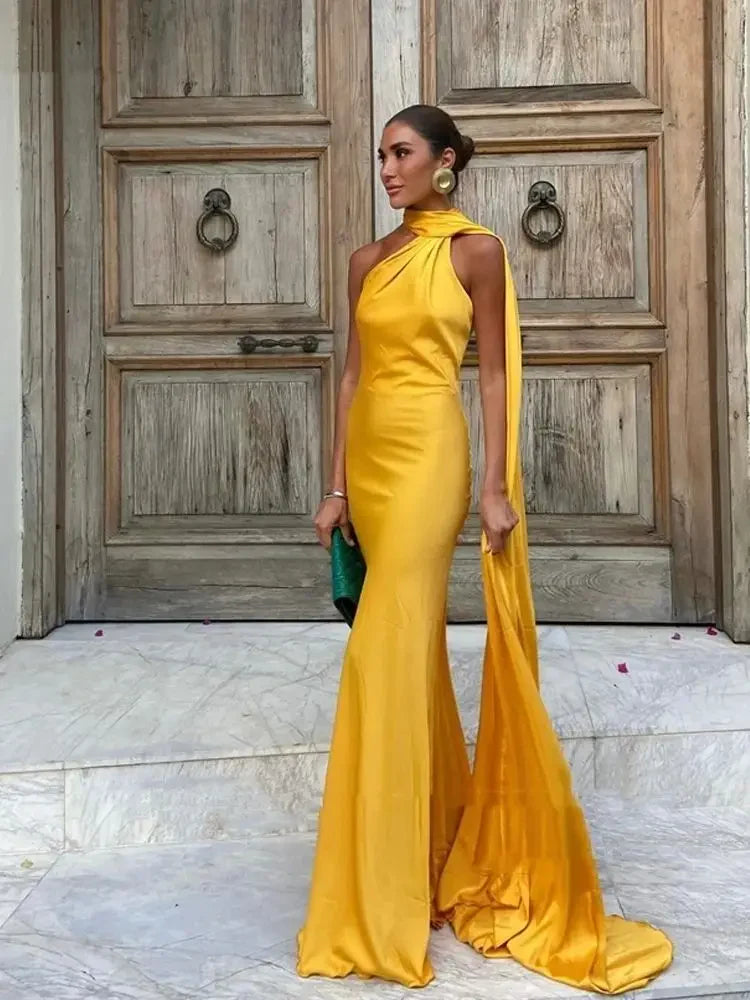 Halter Satin Yellow Long Evening Dress Prom Dress With Streamer For Women