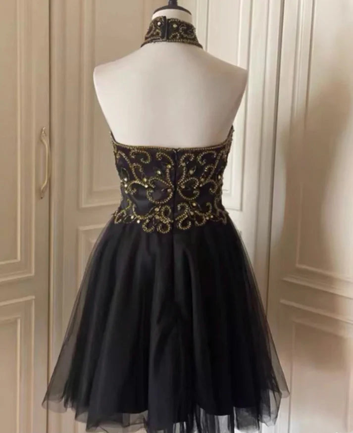 High Neck Beaded Tulle Black Short Homecoming Dress Party Dress