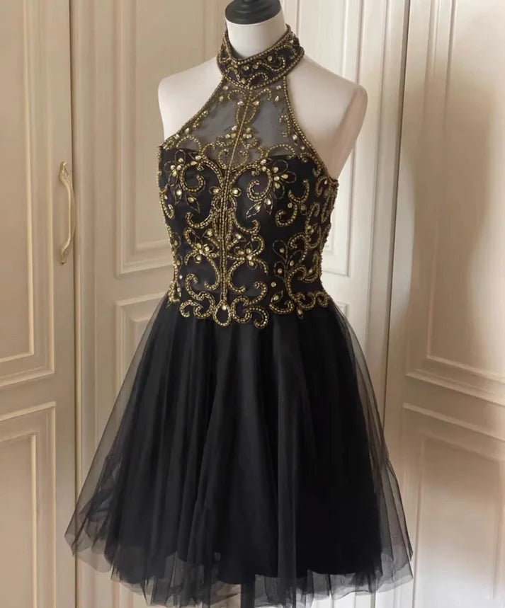 High Neck Beaded Tulle Black Short Homecoming Dress Party Dress
