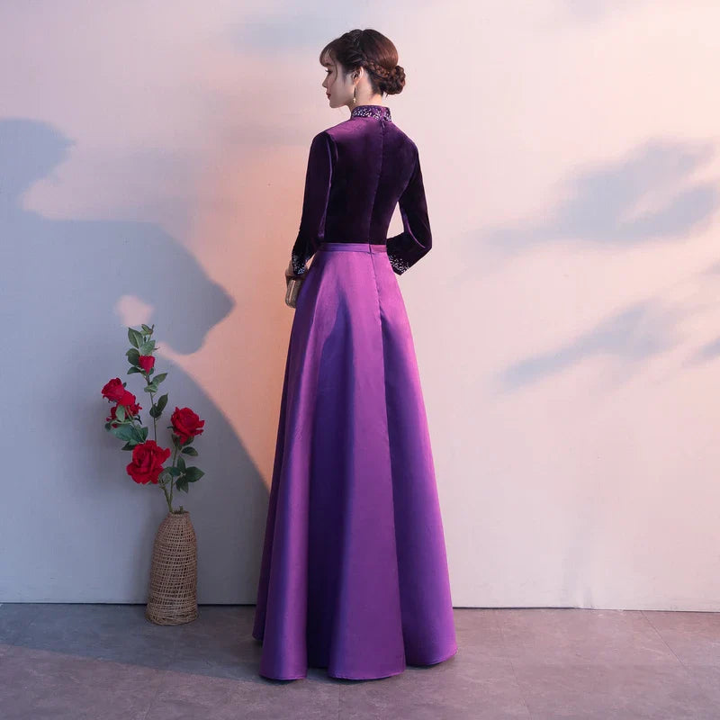 High Neck Long Sleeves Beaded Velvet Satin Dark Purple Long Prom Dress