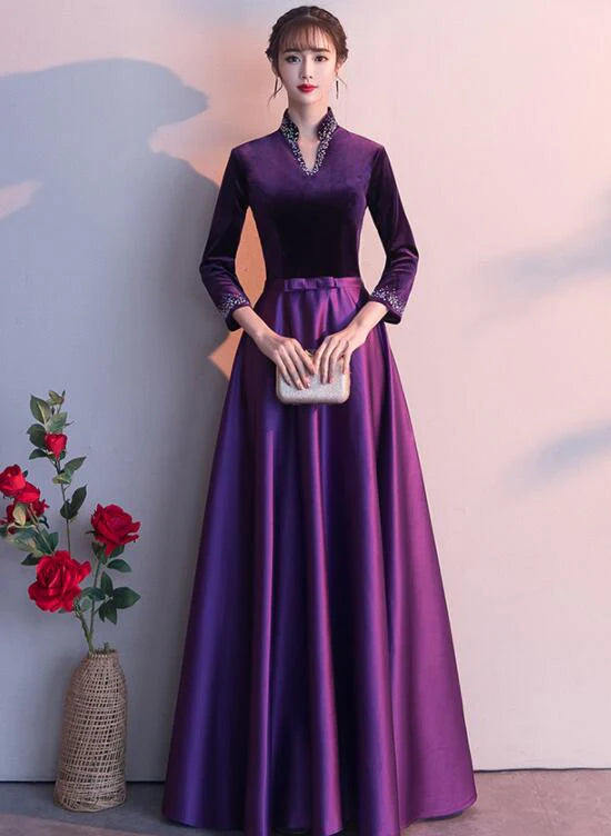 High Neck Long Sleeves Beaded Velvet Satin Dark Purple Long Prom Dress
