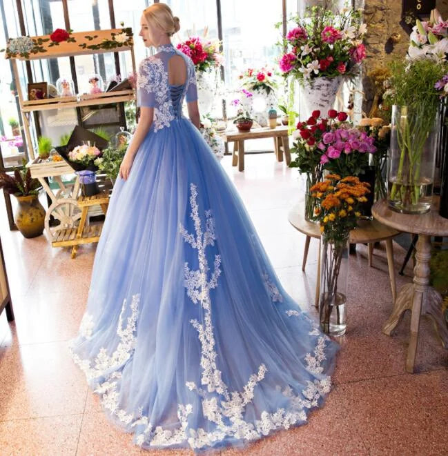 High Neck Short Sleeves Floral Lace Tulle Blue Long Prom Dress Sweet 16 Gown