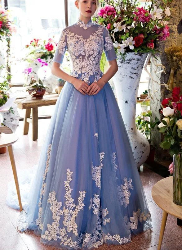 High Neck Short Sleeves Floral Lace Tulle Blue Long Prom Dress Sweet 16 Gown