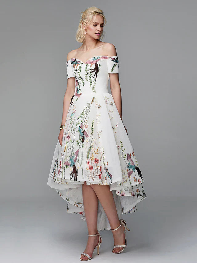 Cocktail Party Prom Valentine's Day Dress Off Shoulder Short Sleeve Asymmetrical Polyester with Embroidery