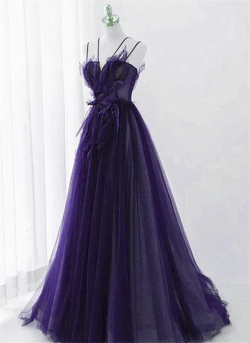 Purple Tulle with Lace Applique Long Prom Dress