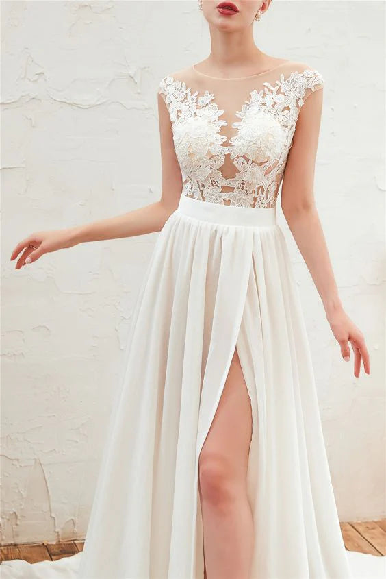 Illusion Neck Floral Lace Chiffon White Prom Dress With High Slit
