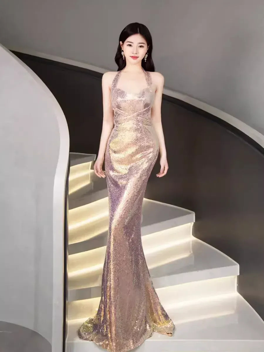 Iridescent Mermaid Halter-Neck Sleeveless Sequin Ombre Maxi Prom Dress for Women ready to ship