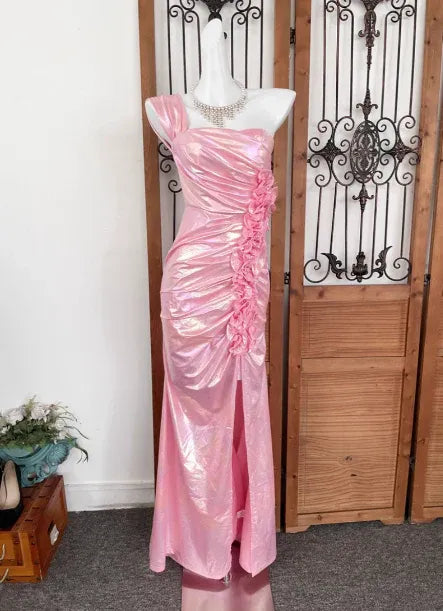 Iridescent Mermaid One-shoulder Sleeveless Ruffled Pink Maxi Prom Dress for Women Hot Sale