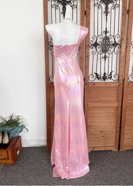 Iridescent Mermaid One-shoulder Sleeveless Ruffled Pink Maxi Prom Dress for Women Hot Sale
