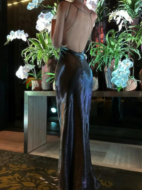 Iridescent Satin Long Evening Dress Gunmetal Spaghetti-Strap Open-Back for Women