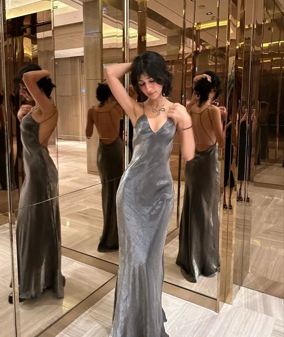 Iridescent Satin Long Evening Dress Gunmetal Spaghetti-Strap Open-Back for Women