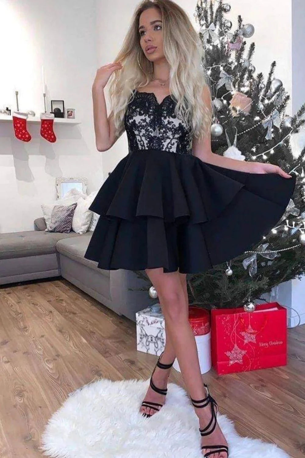 Irregular Neck Floral Lace Black Short Homecoming Dress With Applique
