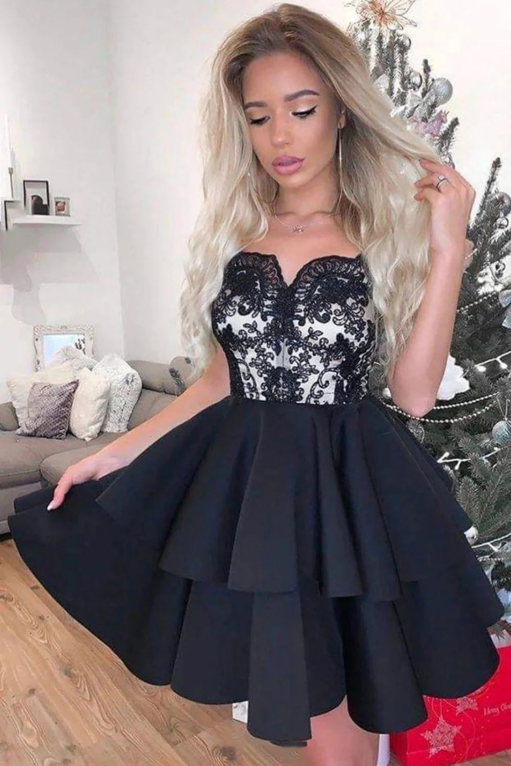 Irregular Neck Floral Lace Black Short Homecoming Dress With Applique