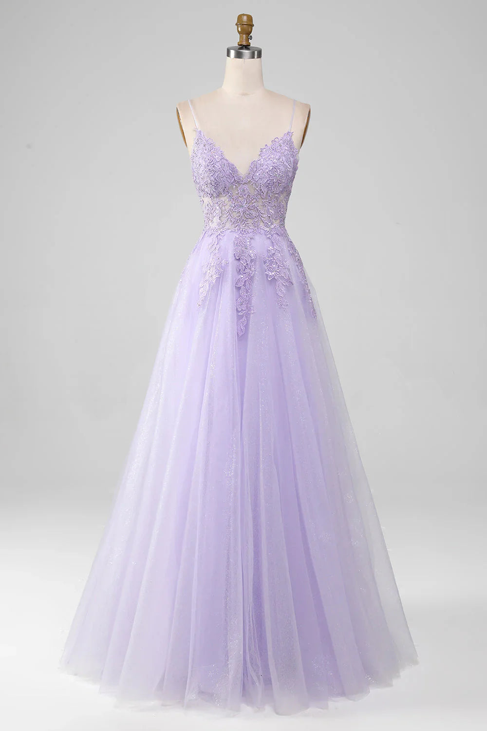 Light Purple Sparkly A-Line Spaghetti Straps Long Prom Dress With Beading
